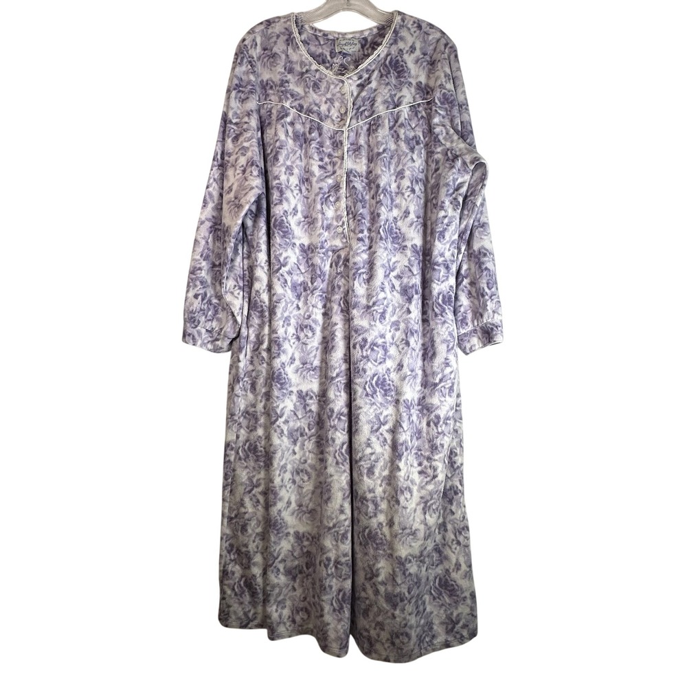 Lanz of Salzburg Women XL Purple Floral Fleece Nightgown Long Sleeve Prairie
